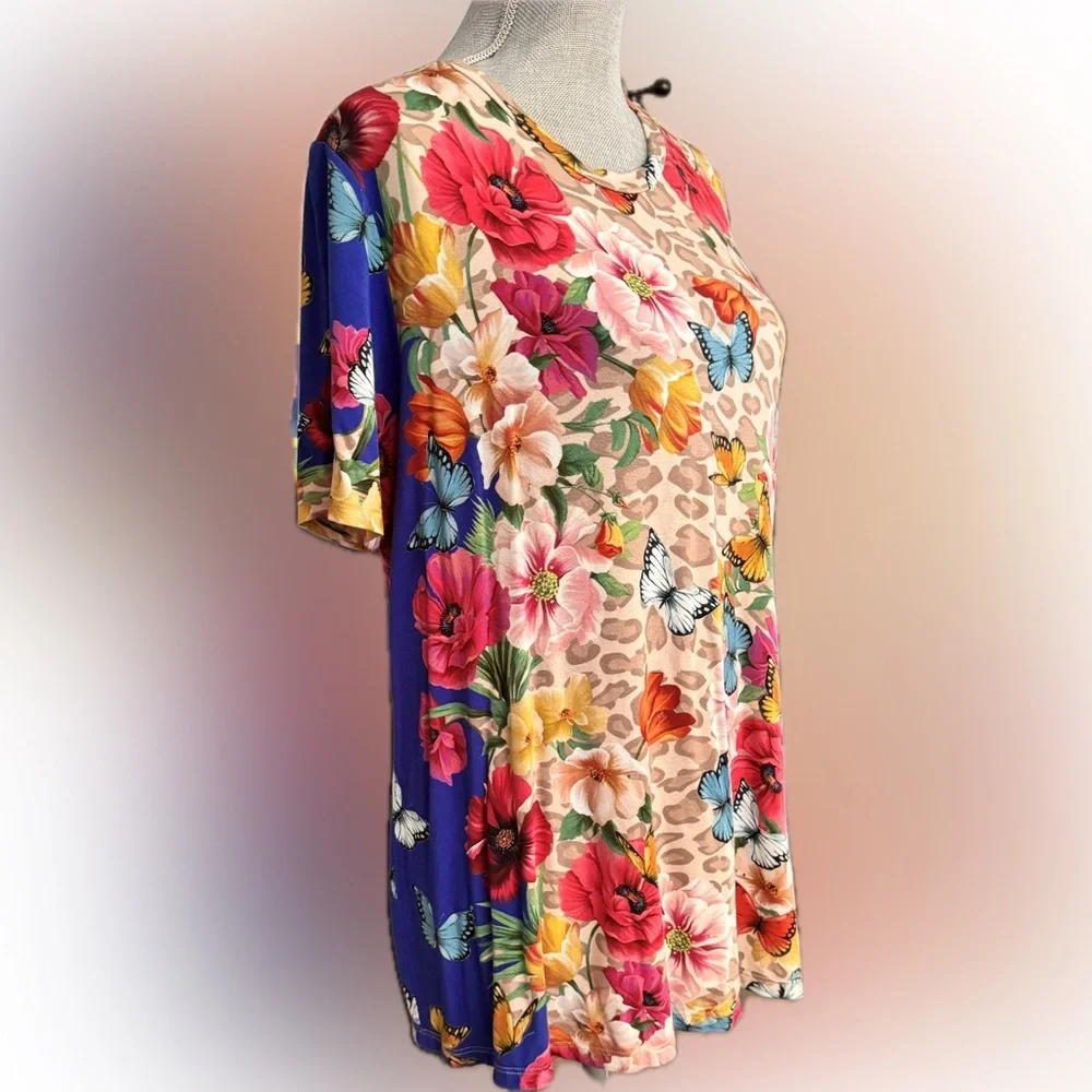 JOHNNY WAS Floral & Butterfly Short Sleeve Swing Top Like New WOT L - Picture 2 of 6